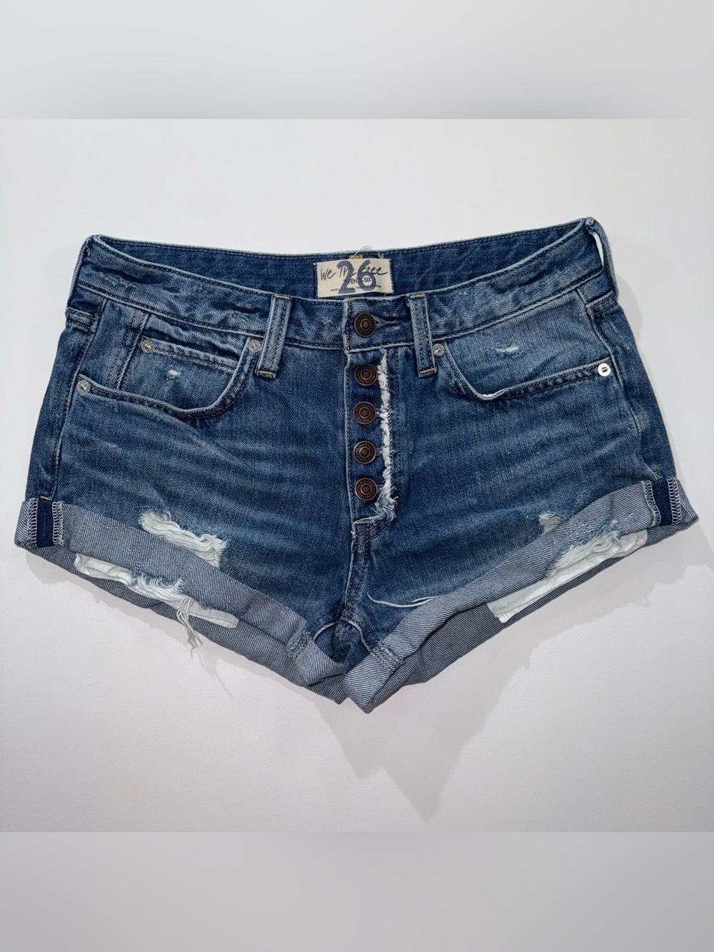 We The Free by Free People Denim Button Fly Distressed Cuffed Shorts Size 26